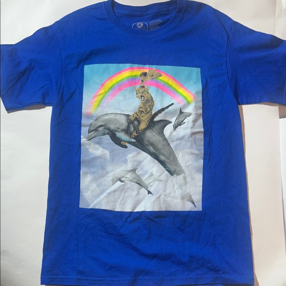 Blue Graphic T-Shirt with Cat Riding Dolphin w/ Rainbow In Sky